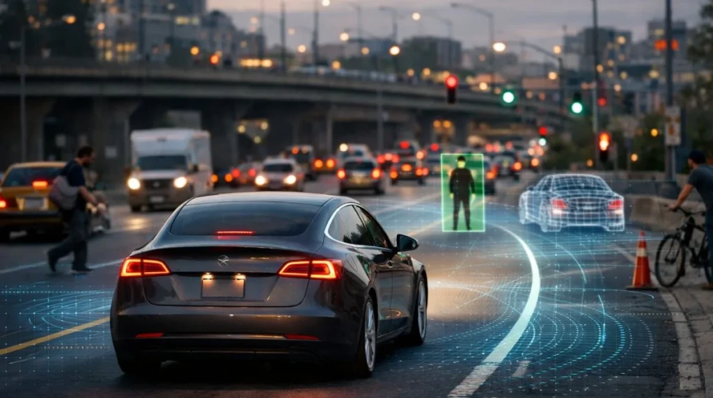 A Tesla vehicle using Full Self-Driving technology drives through complex urban traffic at dusk, detecting pedestrians, vehicles, and road conditions in a real-world city environment.