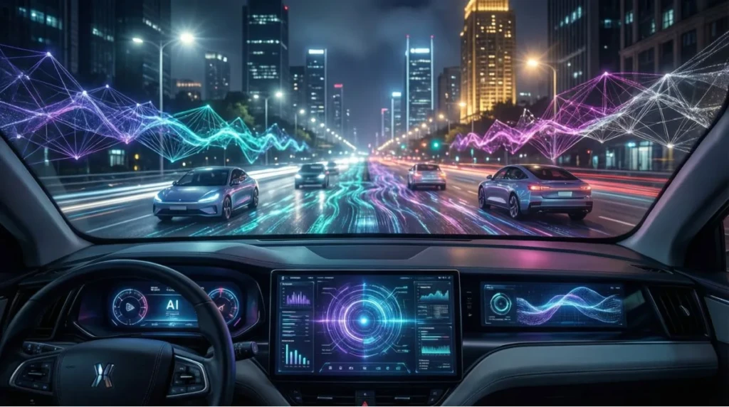 Futuristic self driving car concept illustrating competition in autonomous vehicle technology after Nvidia unveils an open source AI platform impacting Tesla shares