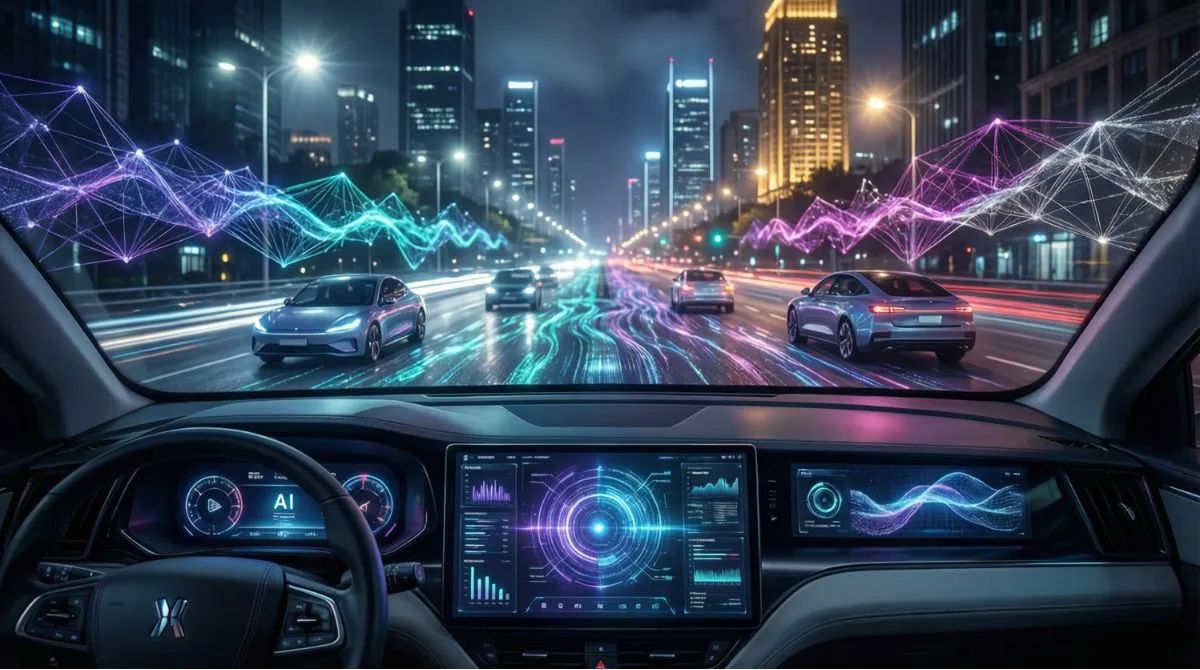 Futuristic self driving car concept illustrating competition in autonomous vehicle technology after Nvidia unveils an open source AI platform impacting Tesla shares