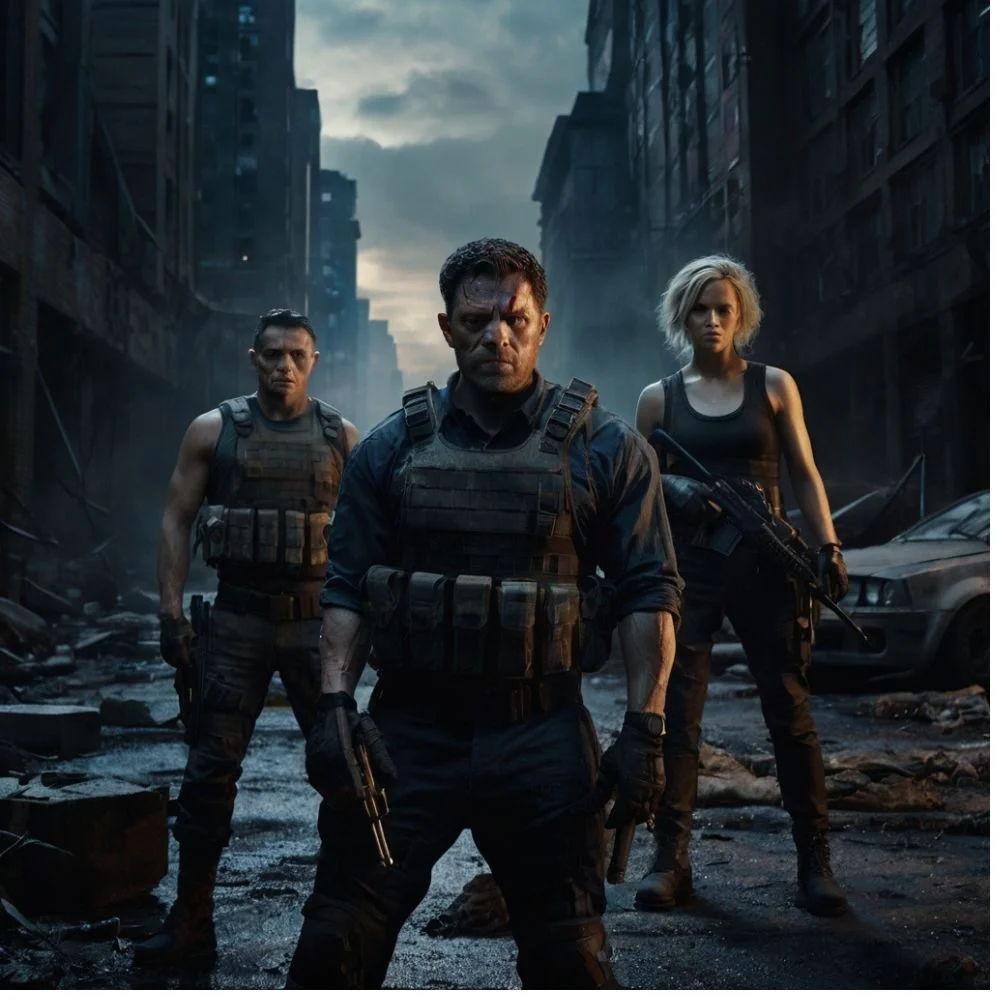 Three armed anti-heroes in tactical gear stand in a ruined city, capturing the dark and gritty tone of Thunderbolts (2025).