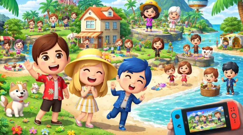 Colorful Tomodachi Life gameplay scene featuring Mii characters interacting on a vibrant island environment on Nintendo Switch