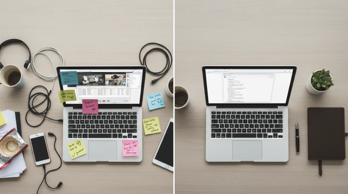 Split flat-lay showing a cluttered desk with too many tools on one side and a clean minimal laptop workspace on the other, illustrating the mistake of installing too many browser extensions