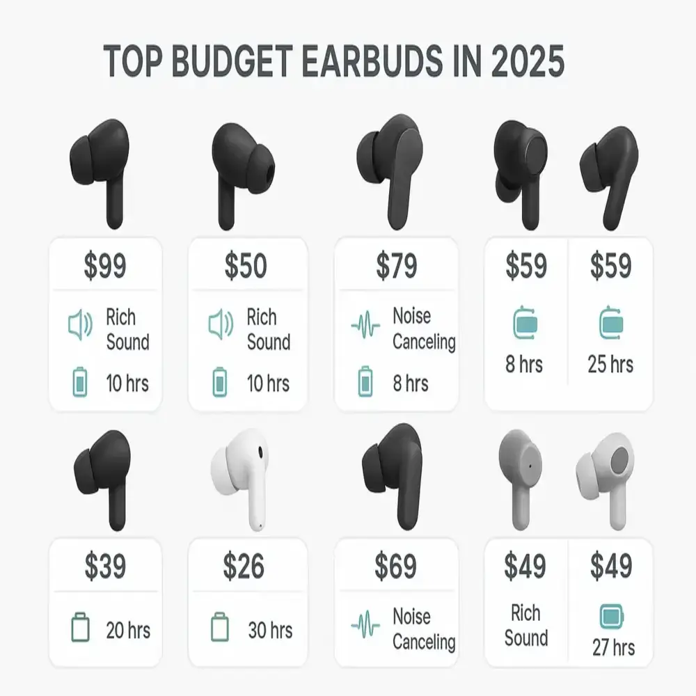 Infographic showing 8 budget earbuds with prices and key features like sound, battery life, and noise canceling.