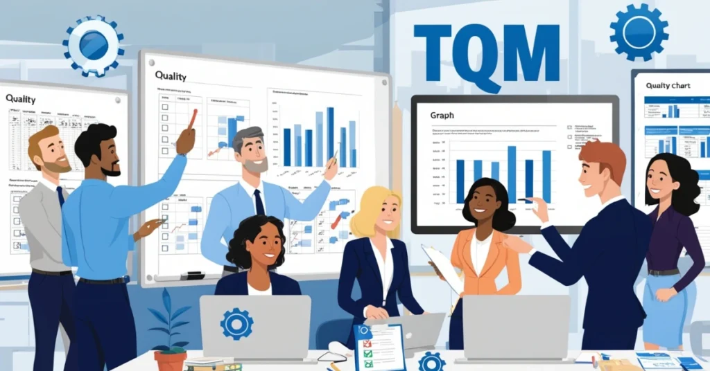 Team analyzing quality management charts and tools for Total Quality Management (TQM) in a modern office setting