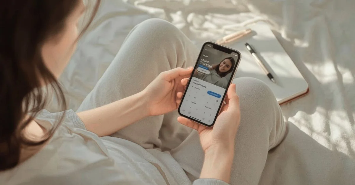 Person sitting on bed using a mood tracking app on smartphone, with a journal and pen nearby, in a calm and cozy setting.