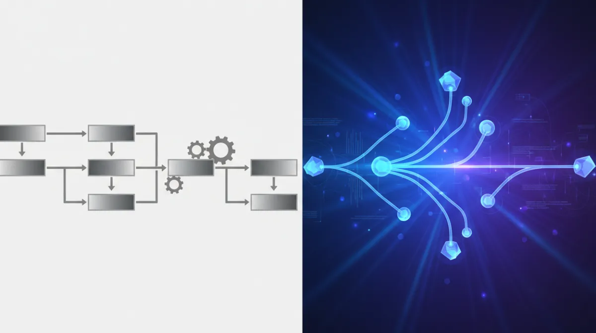 Split-screen visual comparing rigid traditional automation flowcharts on the left with dynamic AI agent decision paths on the right