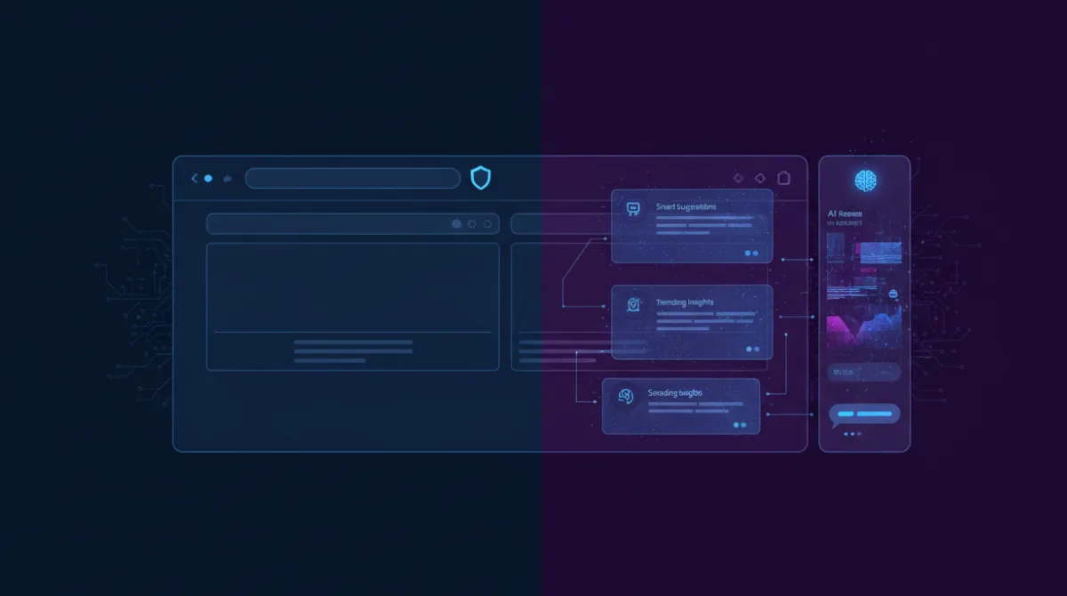 A split-screen comparison showing a traditional browser with a shield icon on the left versus an AI browser with an assistant panel and data streams on the right