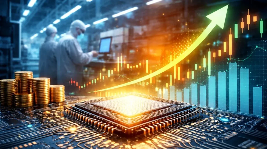A glowing semiconductor chip on a circuit board with stacks of coins and a rising market chart inside a chip factory, symbolizing TSMC’s Q4 profit growth driven by AI chip demand.