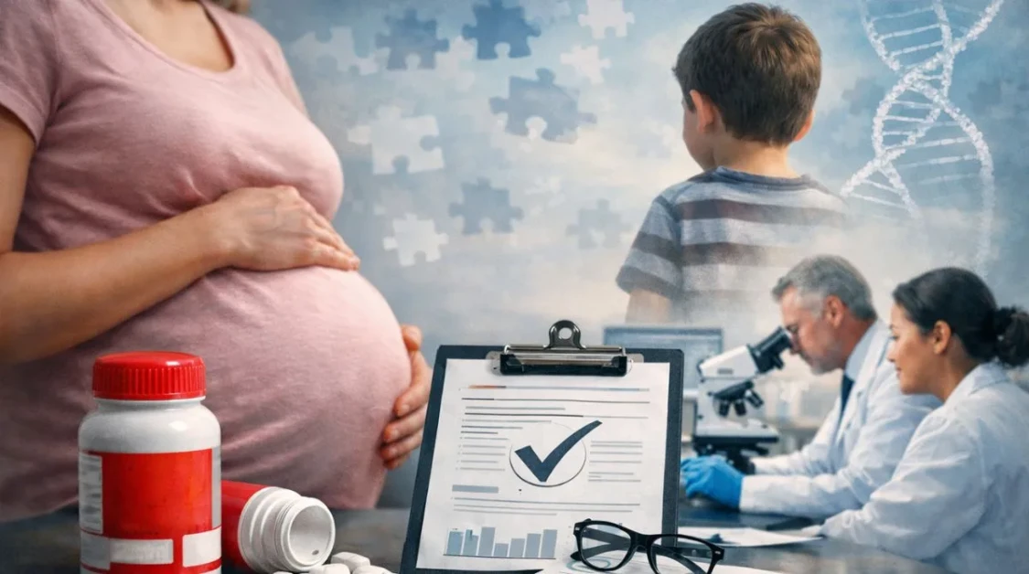 Pregnant woman and medical research imagery representing Tylenol pregnancy autism study findings