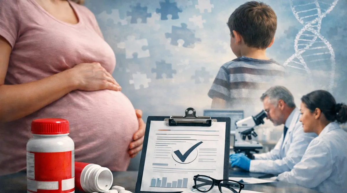 Pregnant woman and medical research imagery representing Tylenol pregnancy autism study findings