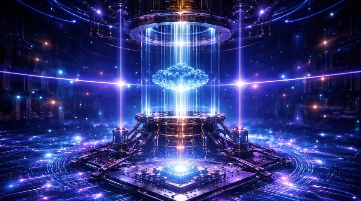 A futuristic quantum computing laboratory showing an ultracold atomic chamber with glowing energy fields and advanced quantum circuitry, representing breakthroughs powered by ultracold physics.