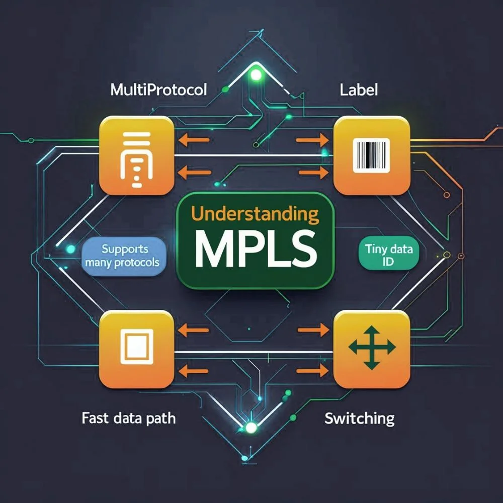  MPLS diagram showing protocol, label, data path and switching flow.
