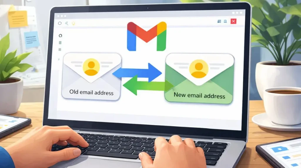 Illustration of a laptop showing Gmail with arrows linking old and new email addresses, representing a Gmail address change feature.