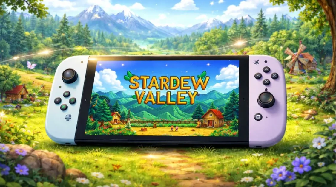 Nintendo Switch 2 displaying the Stardew Valley game screen in a colorful countryside farm setting