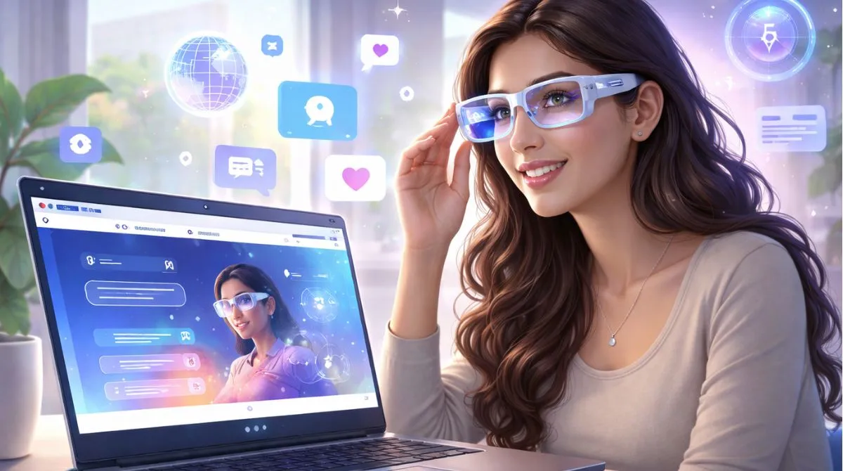 A woman wearing Meta smart glasses uses the Meta AI website on a laptop, with augmented reality icons floating around in a modern workspace.