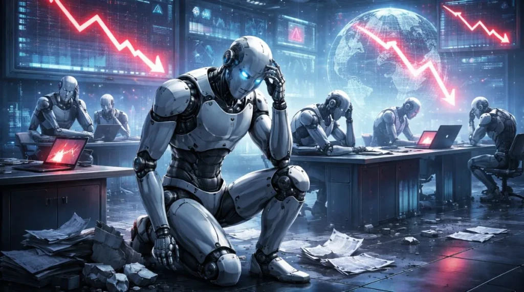 Humanoid AI robots sitting in a futuristic office, appearing frustrated as digital dashboards display declining performance graphs and system failures.