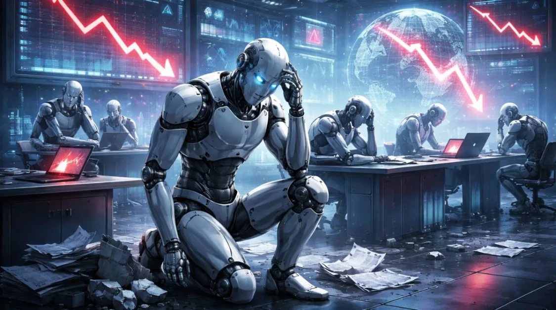 Humanoid AI robots sitting in a futuristic office, appearing frustrated as digital dashboards display declining performance graphs and system failures.