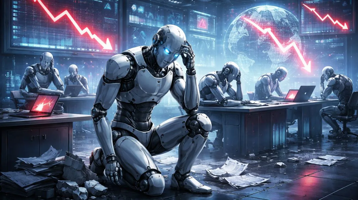 Humanoid AI robots sitting in a futuristic office, appearing frustrated as digital dashboards display declining performance graphs and system failures.