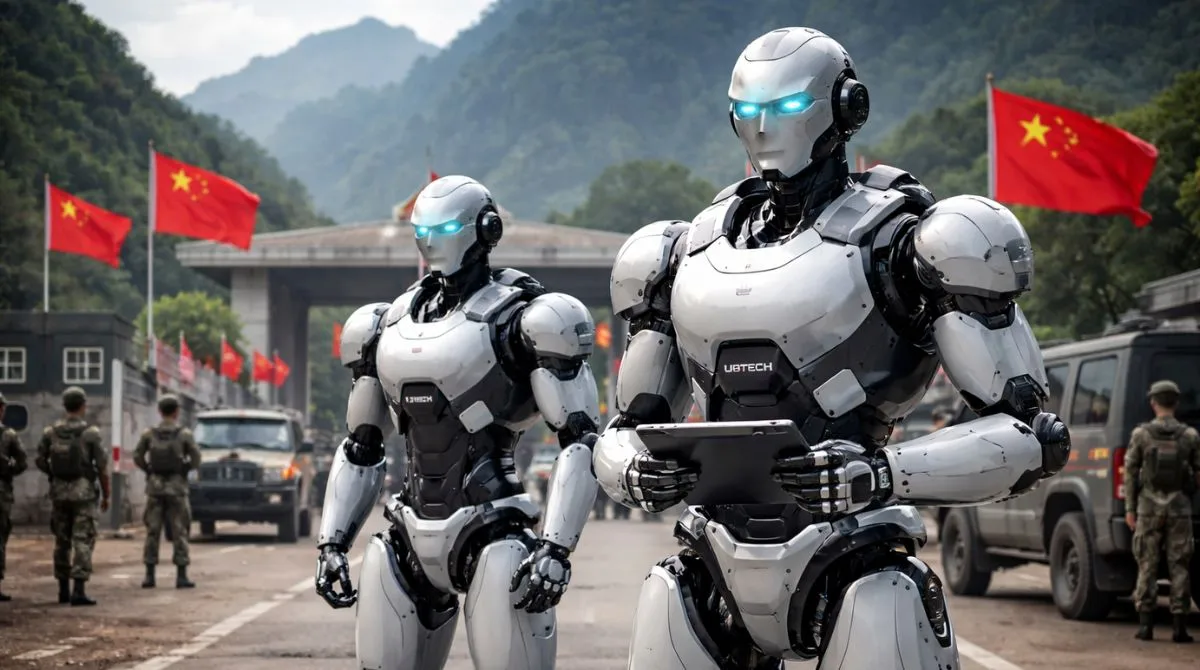 Two UBTECH humanoid robots stand at a border checkpoint with Chinese flags, soldiers, vehicles and mountains in the background.