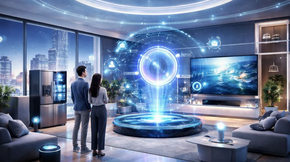 Futuristic AI-powered smart home interior showcasing connected appliances, holographic AI interface, and intelligent living environment previewed by Samsung at CES 2026