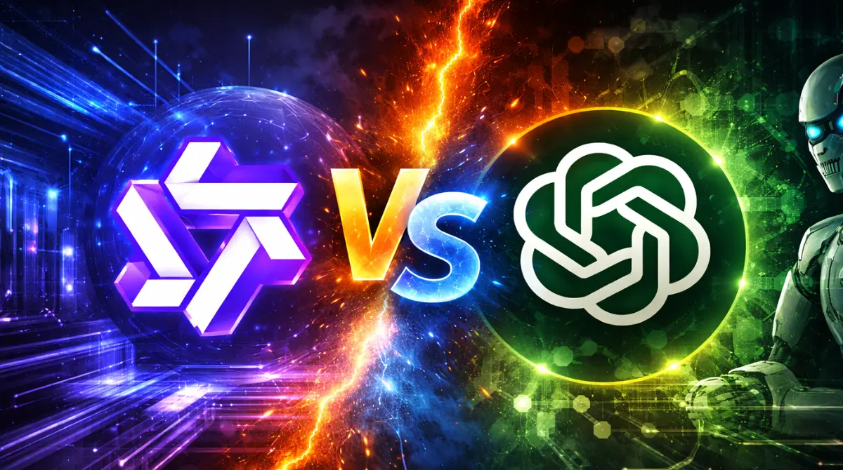 Official Qwen AI logo and ChatGPT logo facing each other in a futuristic digital environment, representing an AI comparison concept