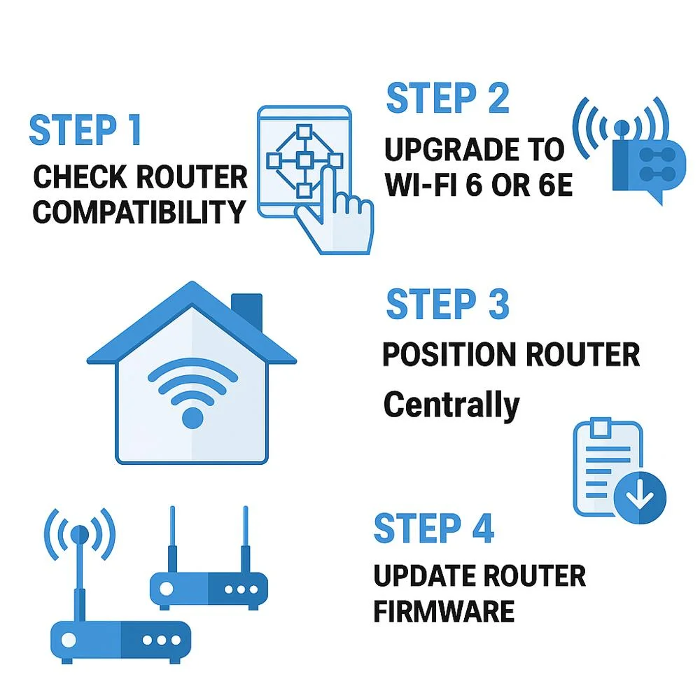 Wi-Fi router upgrade steps with icons in blue: check, upgrade, place, update.