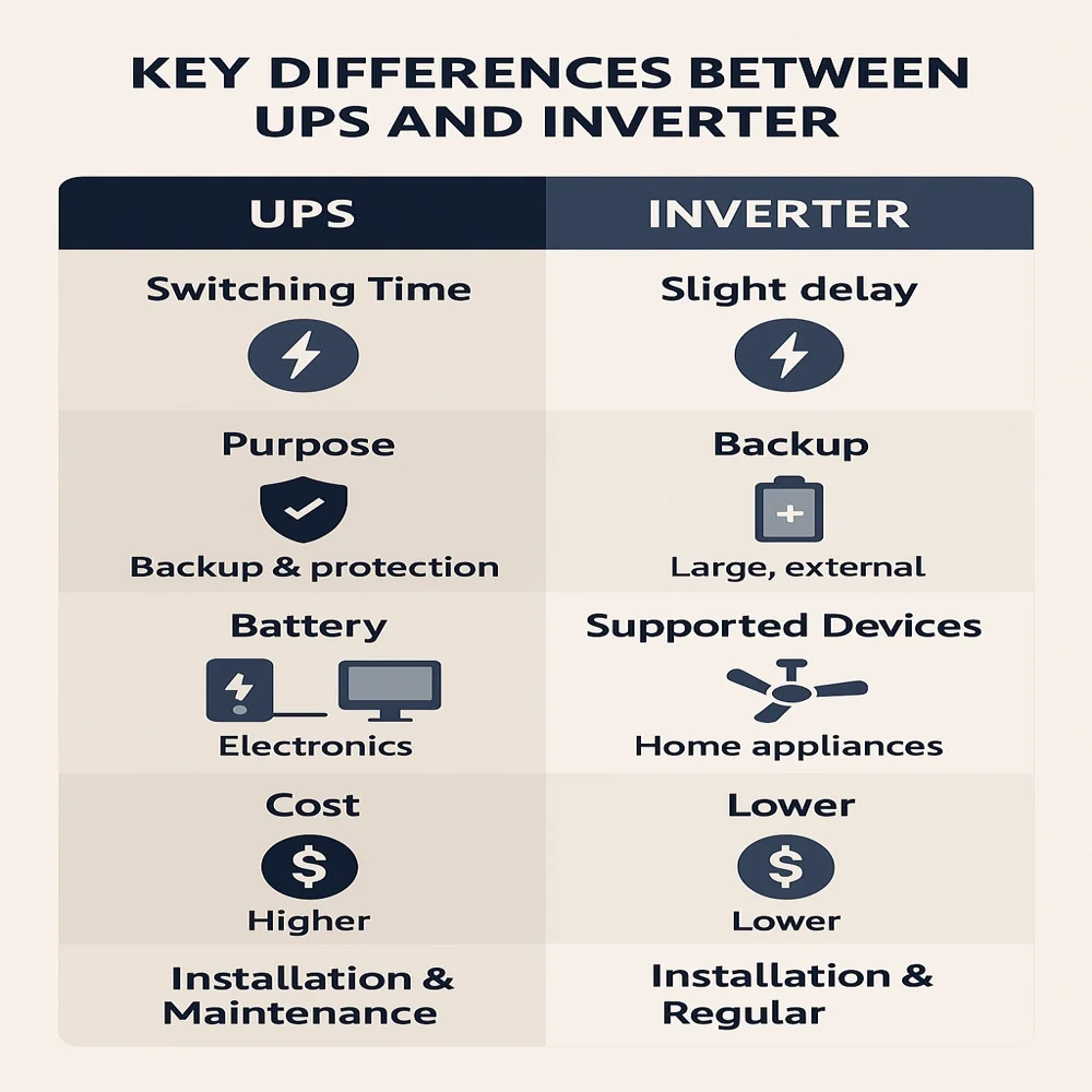Infographic comparing UPS and Inverter across six key differences using icons and a two-column layout in blue and beige tones.