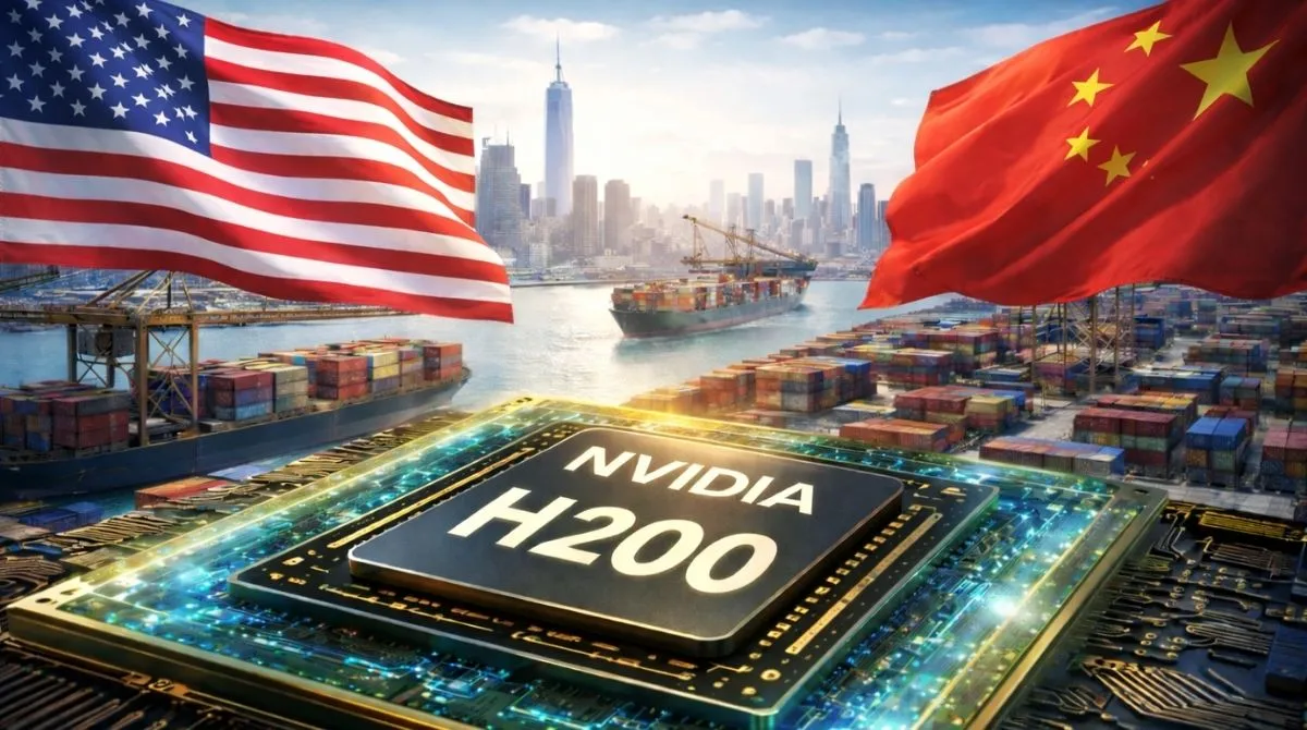 Nvidia H200 AI chip shown between US and China flags at a shipping port symbolizing eased export regulations to China