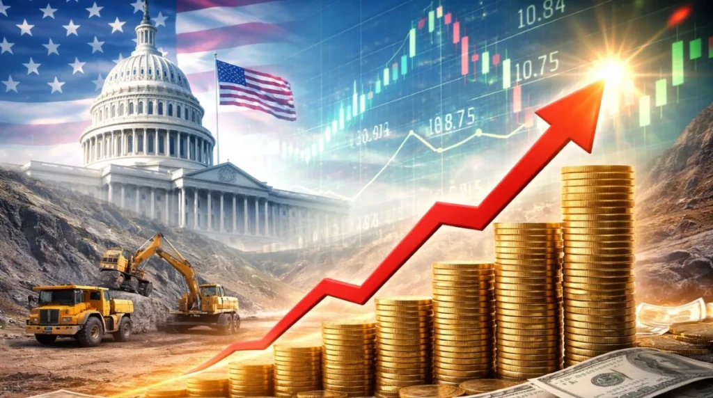 USA Rare Earth stock surge illustrated with rising market chart, US government influence, and rare earth mining operations
