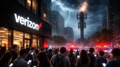 City street scene showing widespread mobile network disruption during a nationwide Verizon cellular outage