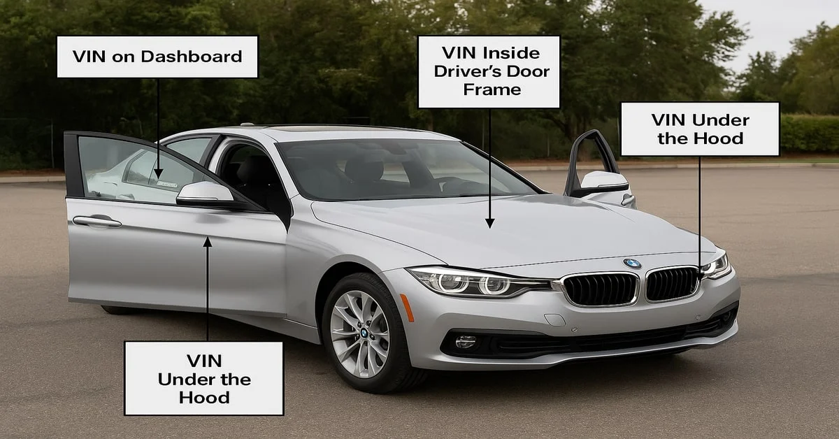 Front view of a silver BMW with open doors and labeled arrows pointing to common VIN locations: on the dashboard, inside the driver's door frame, and under the hood.