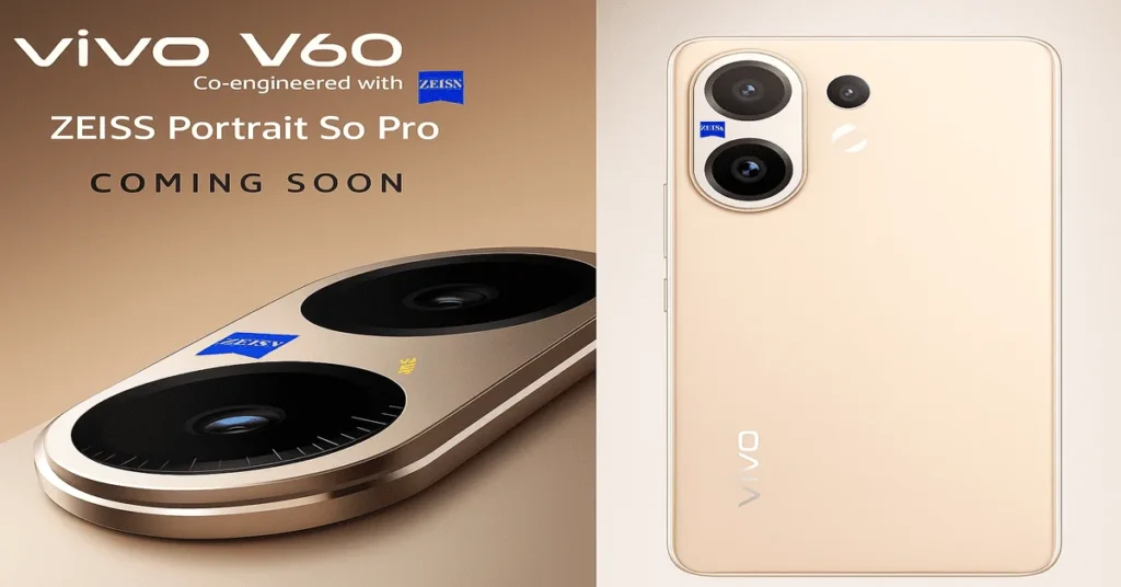 Vivo V60 smartphone showcasing its sleek design, pill-shaped rear camera module with Zeiss branding, and vibrant AMOLED display.