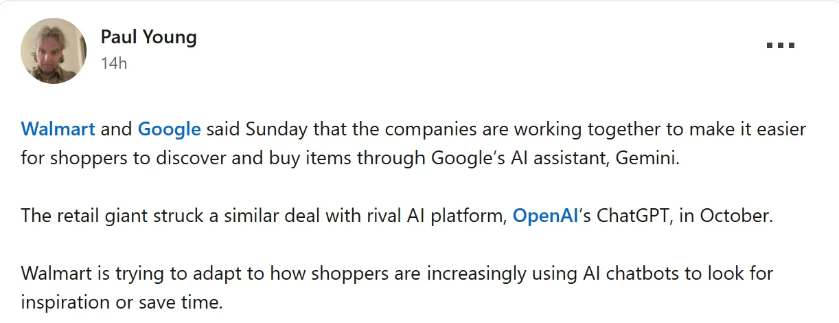 Screenshot of a LinkedIn post stating Walmart and Google are working together to make it easier for shoppers to discover and buy items through Google’s AI assistant, Gemini.