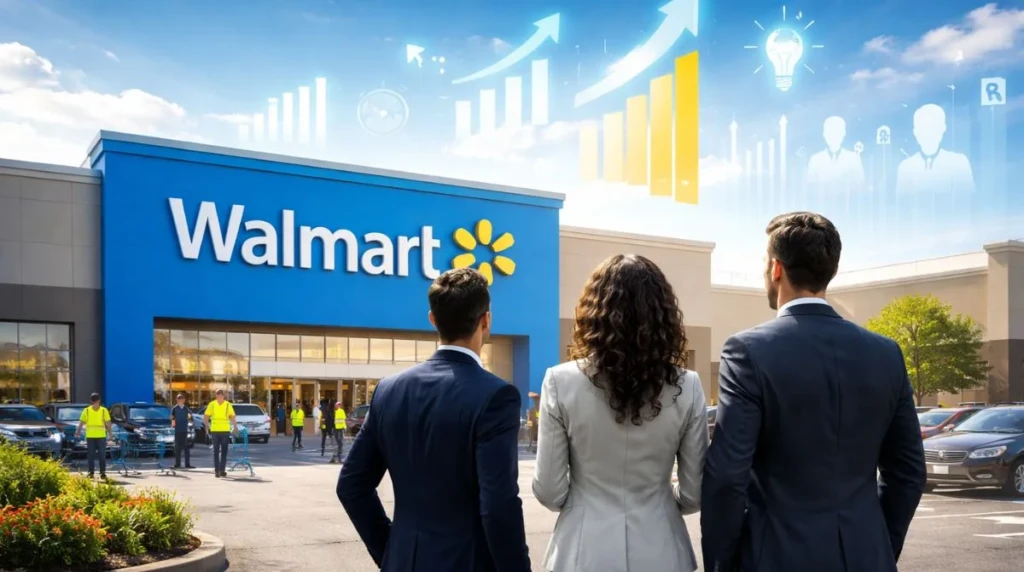 Walmart leadership team outside a Walmart store highlighting corporate leadership changes in 2026