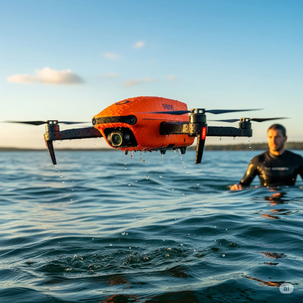 Orange waterproof drone flying over water with person