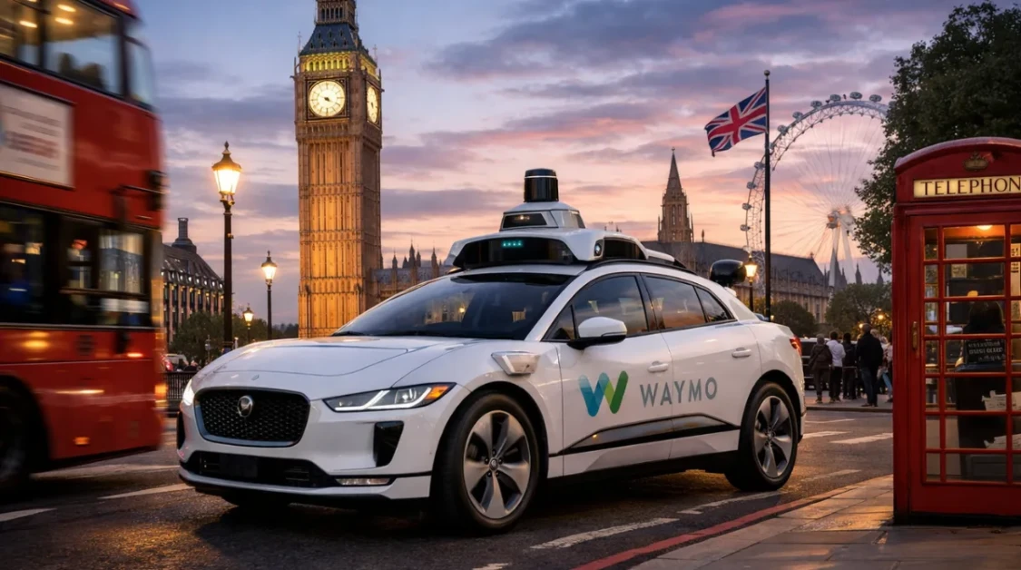 Waymo autonomous taxi driving through central London near Big Ben, highlighting the company’s plan to launch driverless taxi services in the UK by 2026