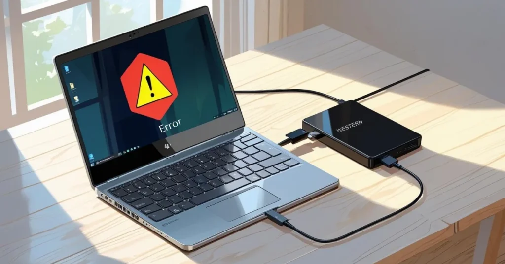 Laptop with WD drive showing error alert