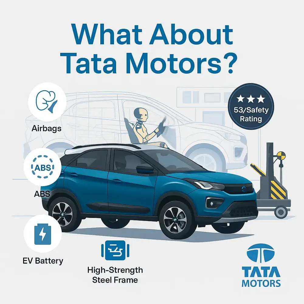 Tata Nexon SUV in a crash test lab with icons highlighting airbags, ABS, EV battery, high-strength steel frame, and a 5-star safety rating.