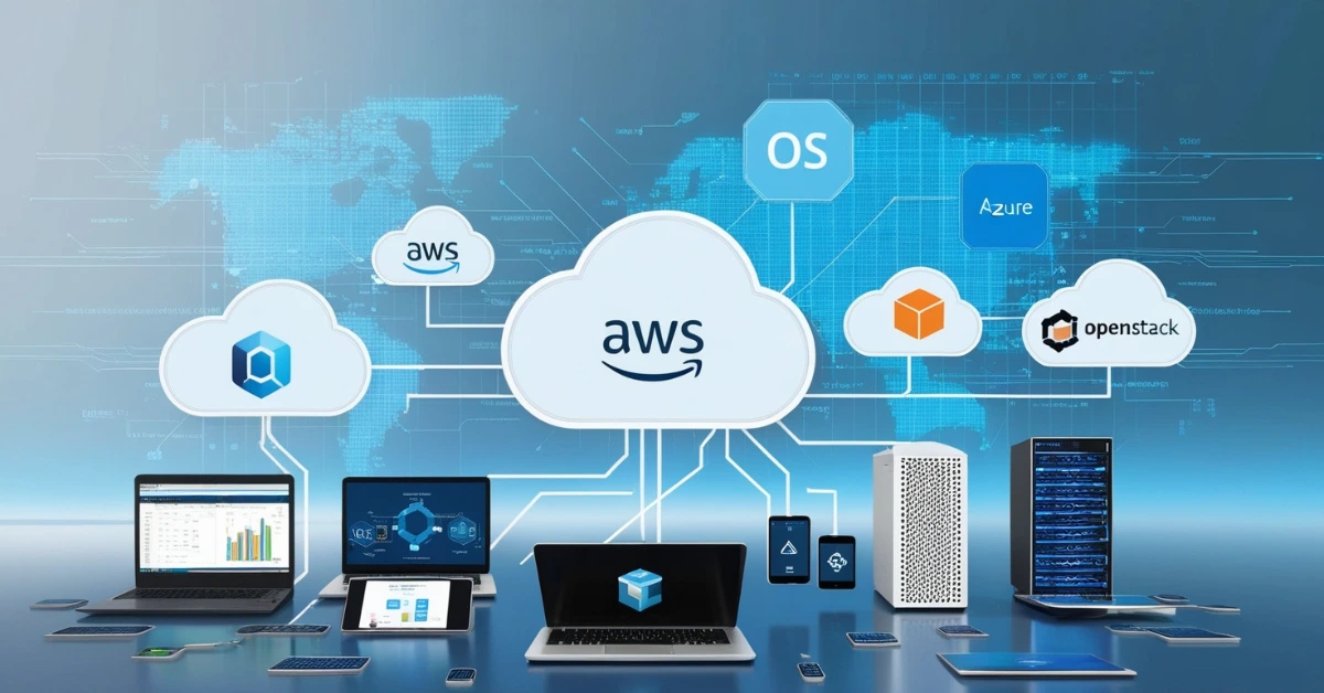 Illustration of cloud-based operating systems connecting multiple devices and platforms like AWS, Azure, Chrome OS, and OpenStack with a futuristic digital interface.
