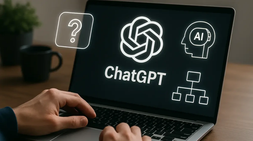 A realistic image of a person using a laptop with AI and neural network visuals symbolizing ChatGPT.