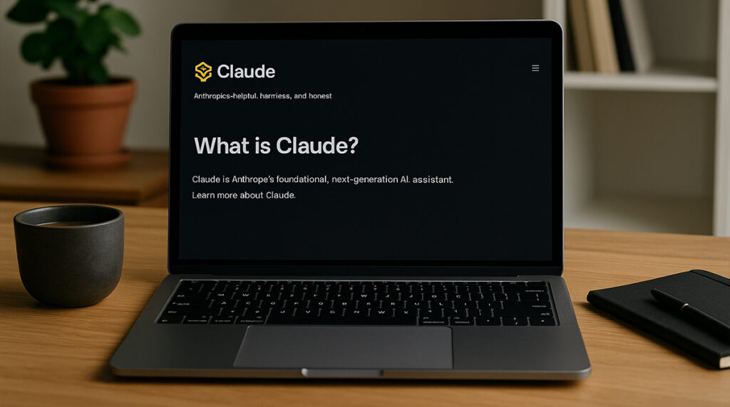 Laptop displaying Claude AI interface in a modern workspace.
