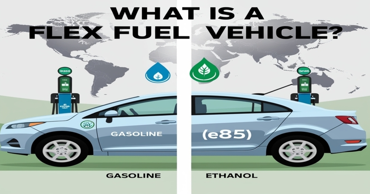 Illustration of a flex fuel vehicle connected to two fuel pumps labeled Gasoline and Ethanol (E85), with eco-friendly icons and a world map background, explaining dual-fuel capability