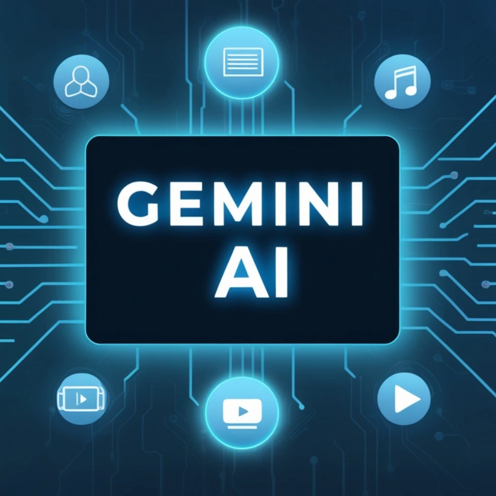 Illustration of Gemini AI with icons for text, image, audio, and video, representing its multimodal capabilities on a futuristic digital interface.