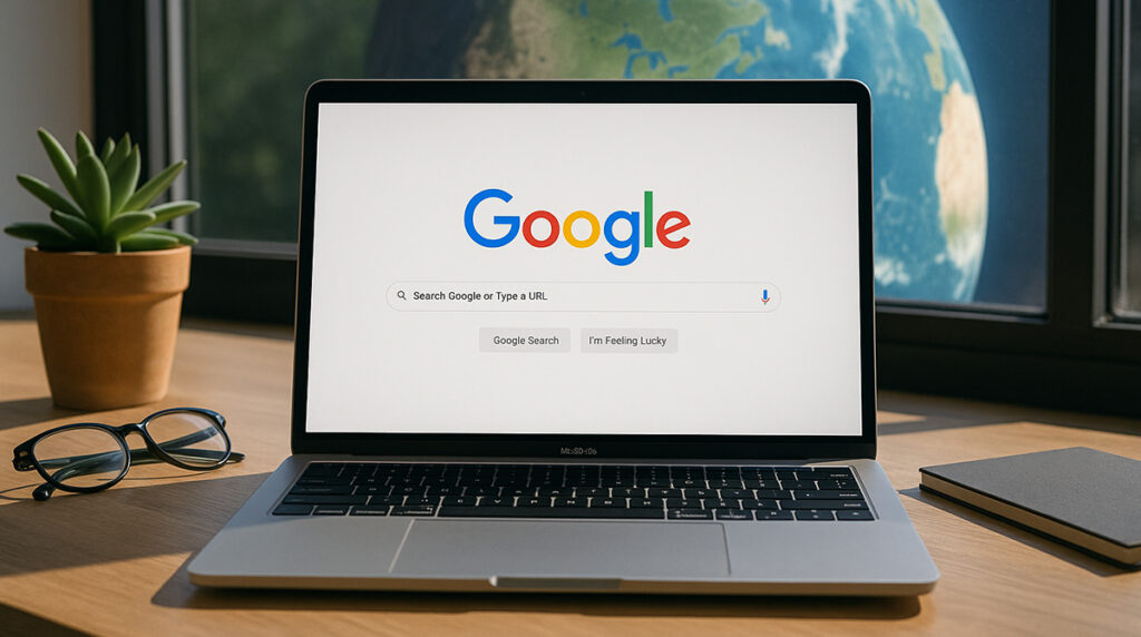 Laptop displaying Google homepage with Earth in the background.