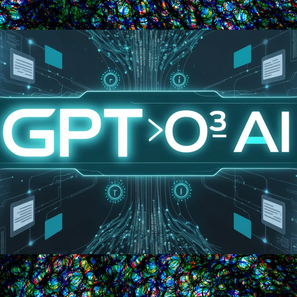 Visual of GPT‑o3 AI interface with coding symbols, logic diagrams, and text blocks, representing its strength in language and reasoning tasks.