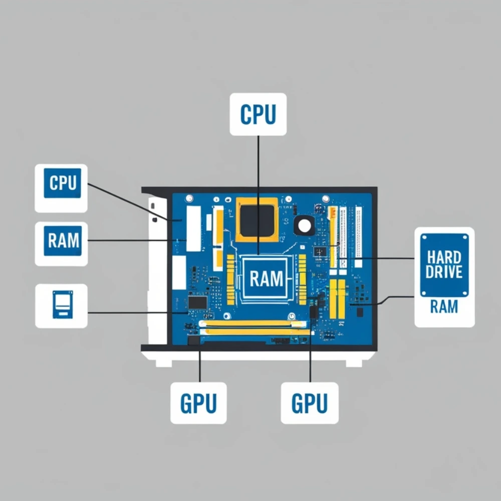 Diagram showing labeled computer hardware parts to represent a hardware image snapshot.