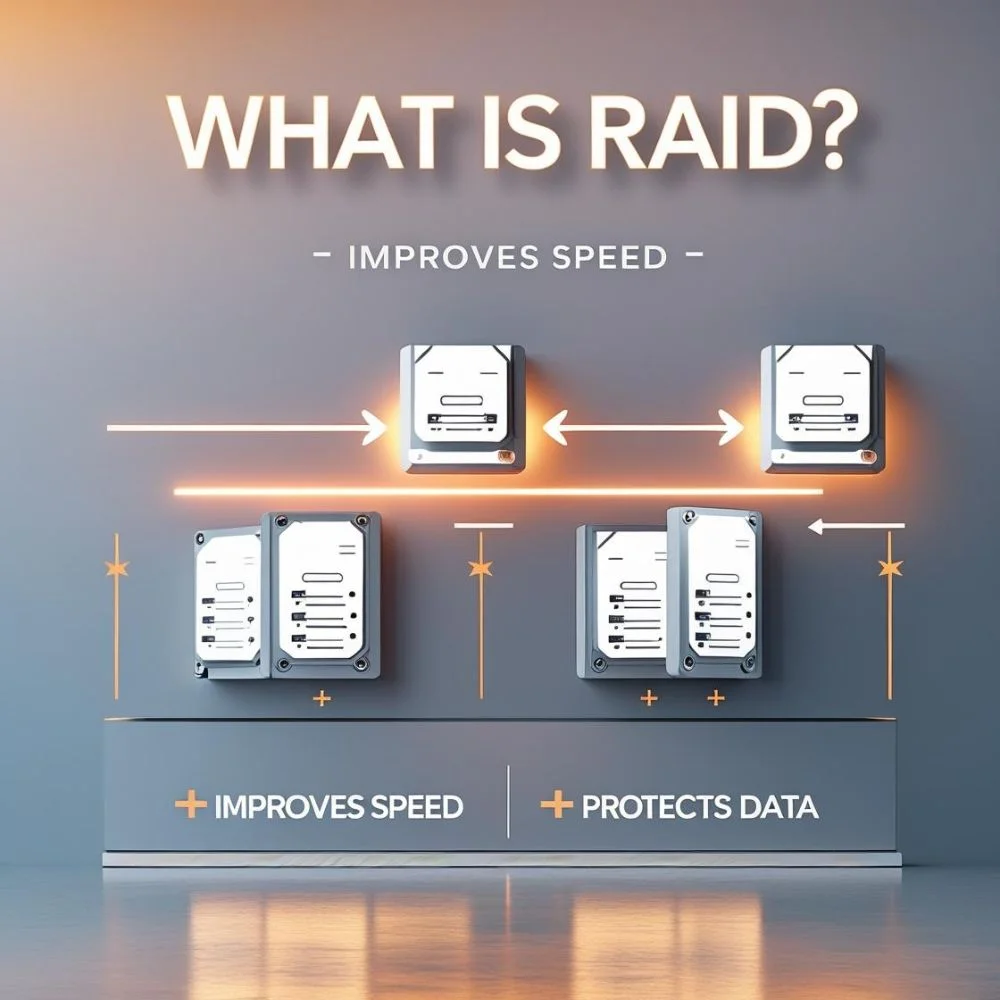 Infographic showing how RAID improves speed and protects data using hard drive icons and arrows.