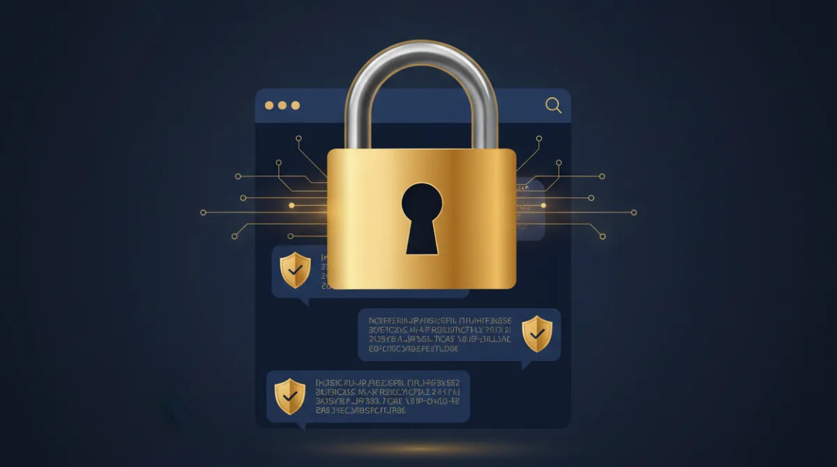 A padlock overlaid on an encrypted chat interface representing data privacy and security concerns with AI chatbots on WhatsApp