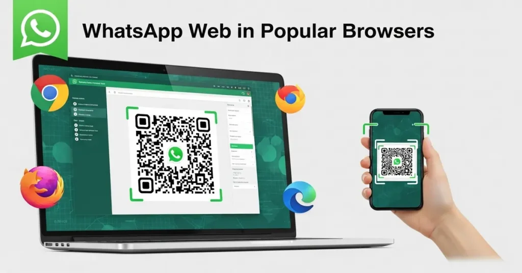 Laptop showing WhatsApp Web with QR code and phone