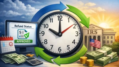 Illustration showing IRS refund status update process with a clock, tax documents, and US government building